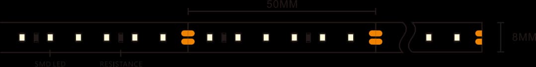 ⁦SMD-036⁩ · شريط LED ⁦SMD 2835⁩ · لون واحد · ⁦8 mm⁩ · ⁦120 LED/m⁩ · ⁦7 W/m⁩ — رسم بنية هذا الموديل؛ أكد الأبعاد ومسافة القص حسب الإصدار