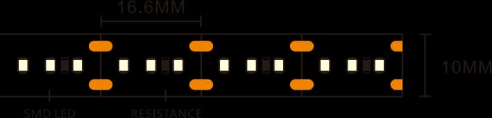 ⁦SMD-038⁩ · شريط LED ⁦SMD 2835⁩ · لون واحد · ⁦8 mm⁩ · ⁦180 LED/m⁩ · ⁦14 W/m⁩ — رسم بنية هذا الموديل؛ أكد الأبعاد ومسافة القص حسب الإصدار