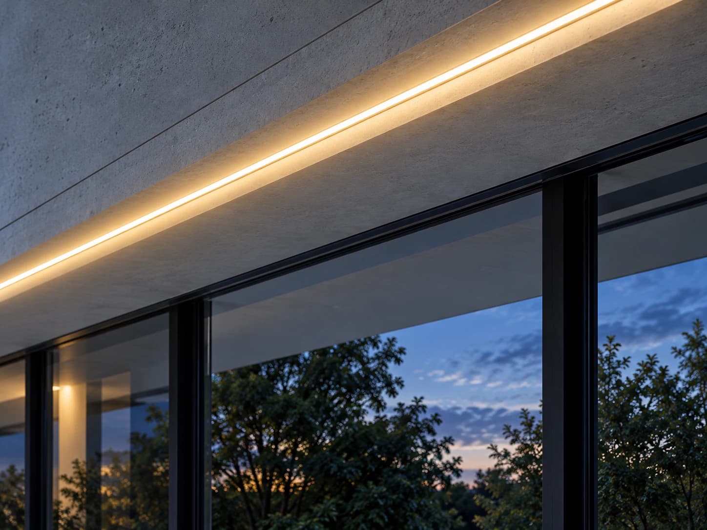 Architectural lighting concept with warm recessed light above aluminum-framed windows