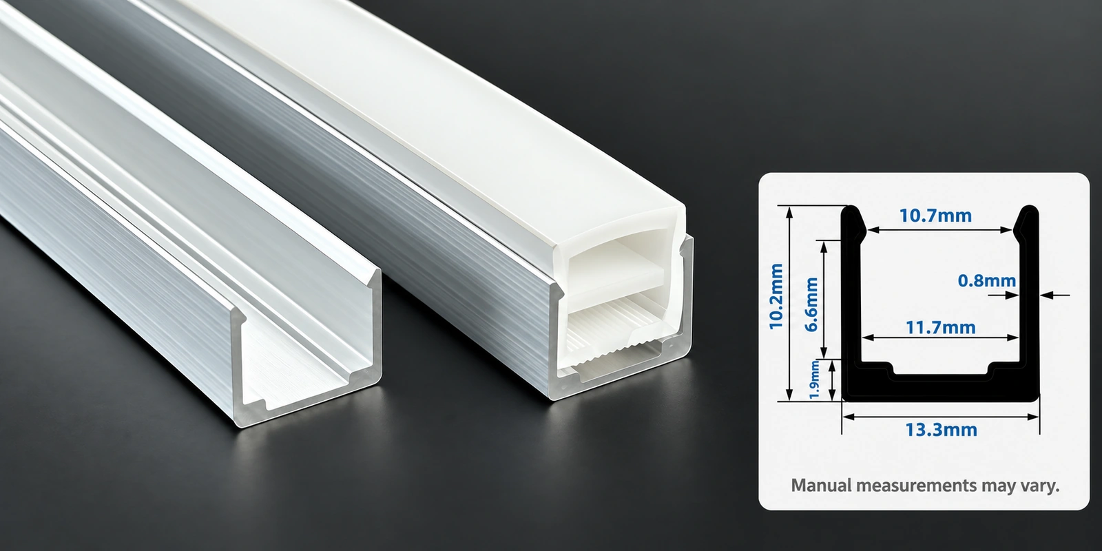 12 × 12 mm aluminum channels with inset profile reference and manual-measurement notice
