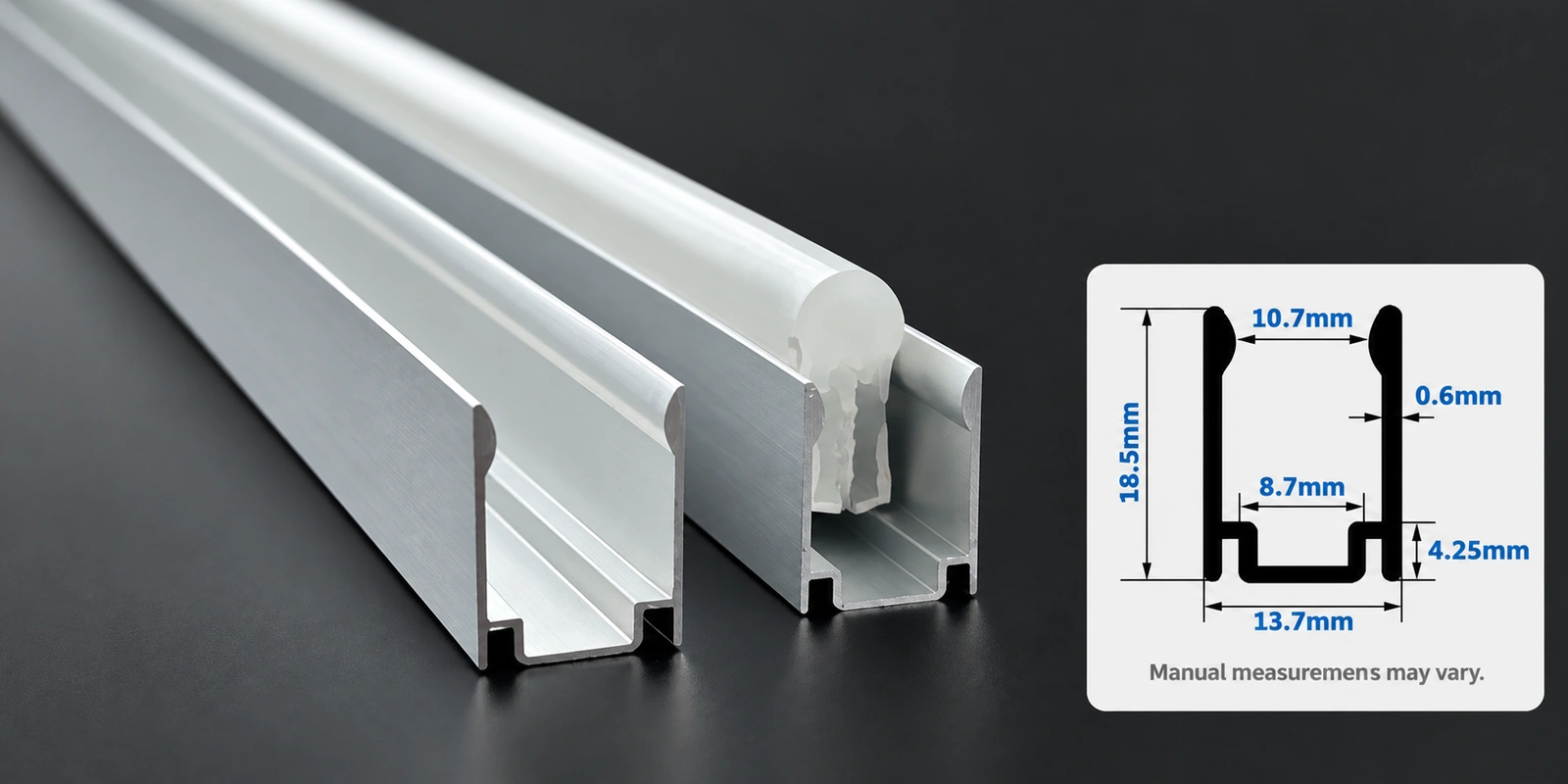 12 × 25 mm aluminum channels with inset profile reference and manual-measurement notice