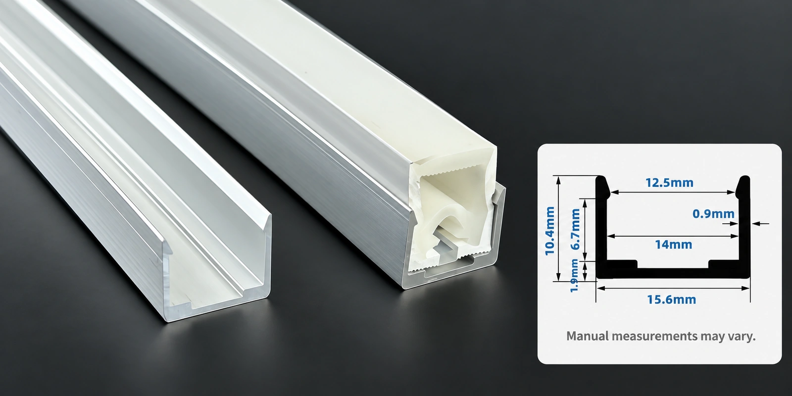 14 × 14 mm aluminum channels with inset profile reference and manual-measurement notice