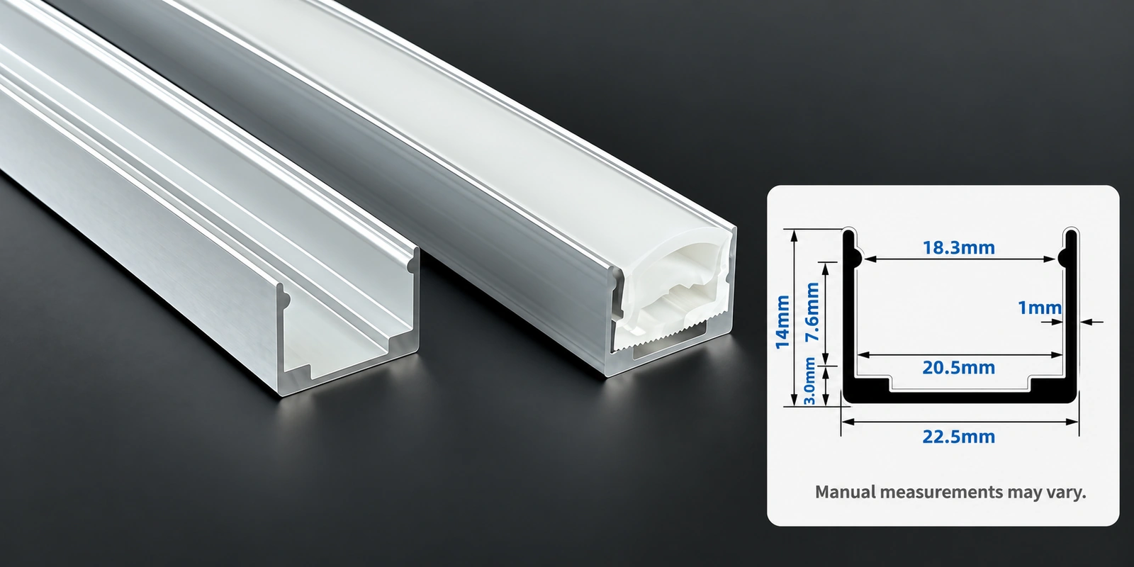 20 × 14 mm aluminum channels with inset profile reference and manual-measurement notice