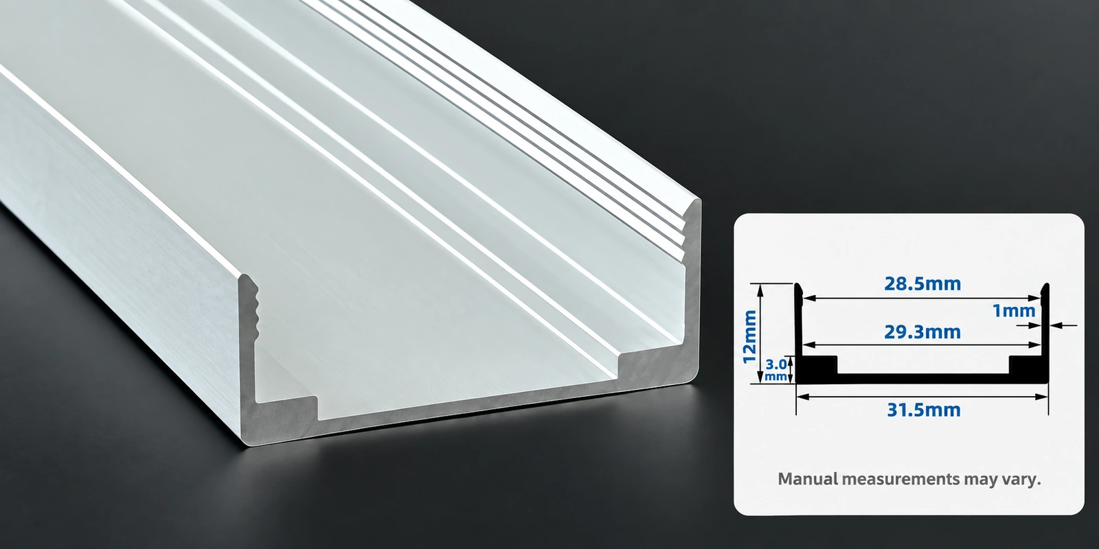 30 × 10 mm aluminum channels with inset profile reference and manual-measurement notice