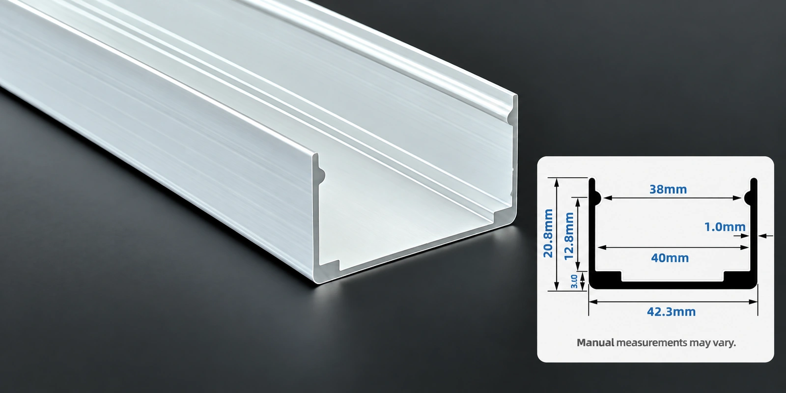 40 × 25 mm aluminum channels with inset profile reference and manual-measurement notice