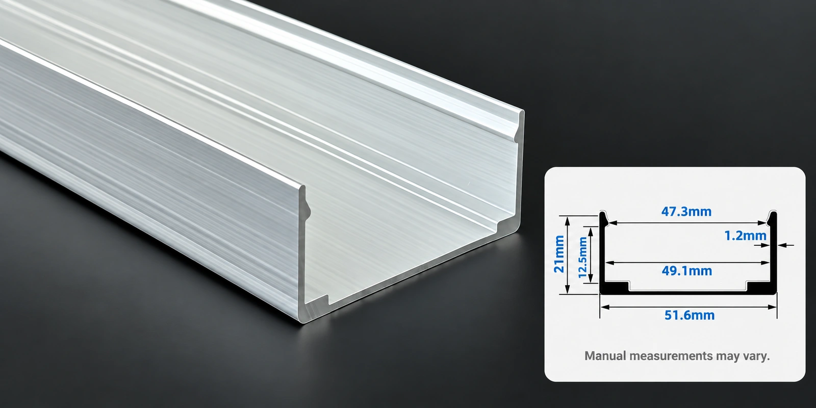 50 × 25 mm aluminum channels with inset profile reference and manual-measurement notice