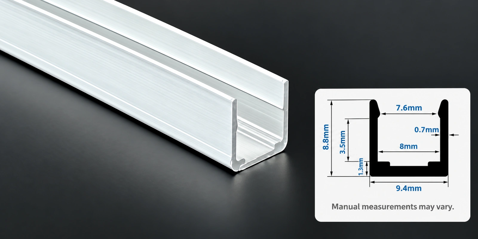 8 × 8 mm aluminum channels with inset profile reference and manual-measurement notice