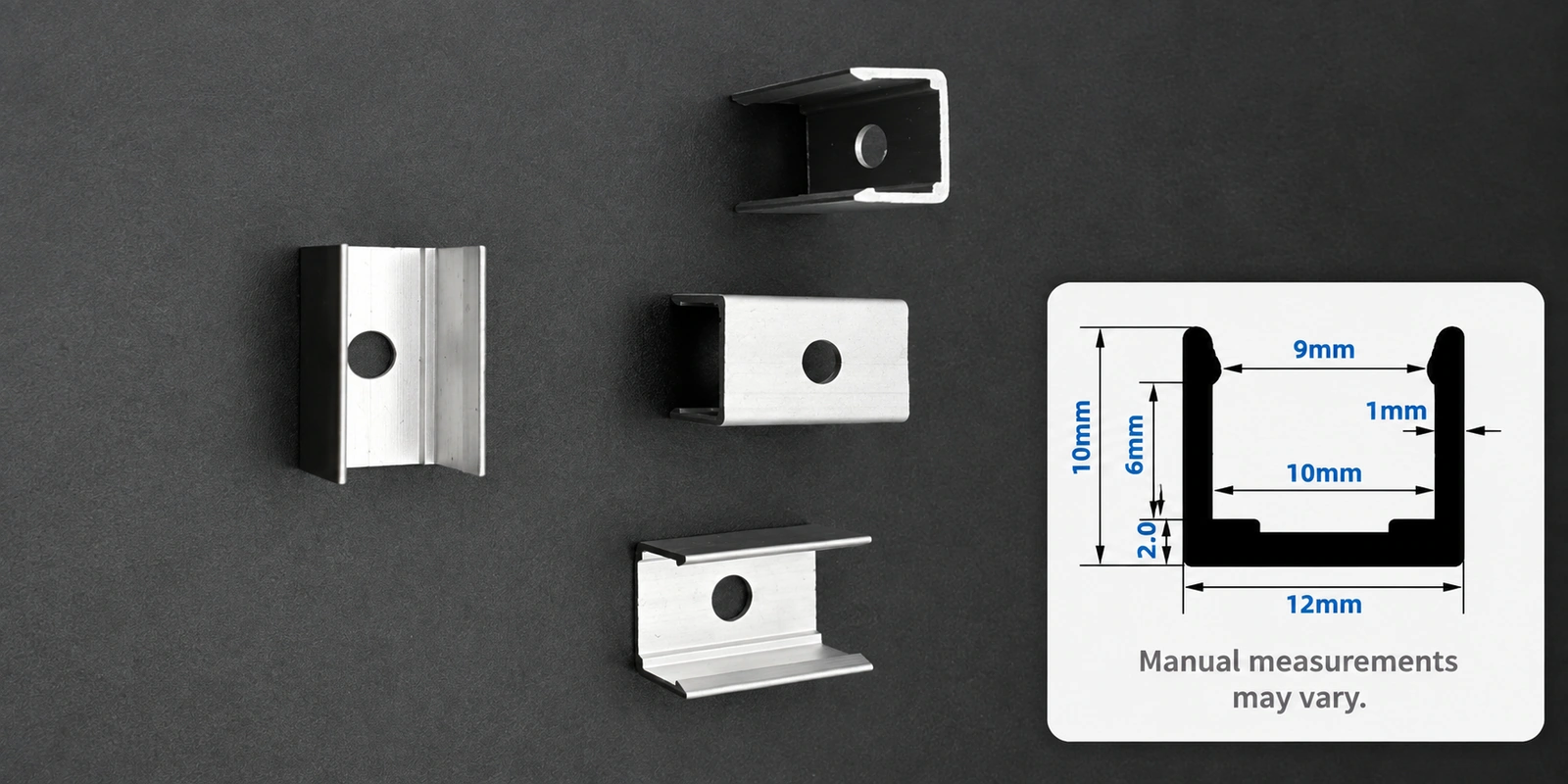 مشابك تثبيت من الألمنيوم، ⁦10 × 10 mm⁩: صورة المنتج مع مقطع مرجعي أسفل اليمين وتنبيه بشأن تفاوت القياسات اليدوية