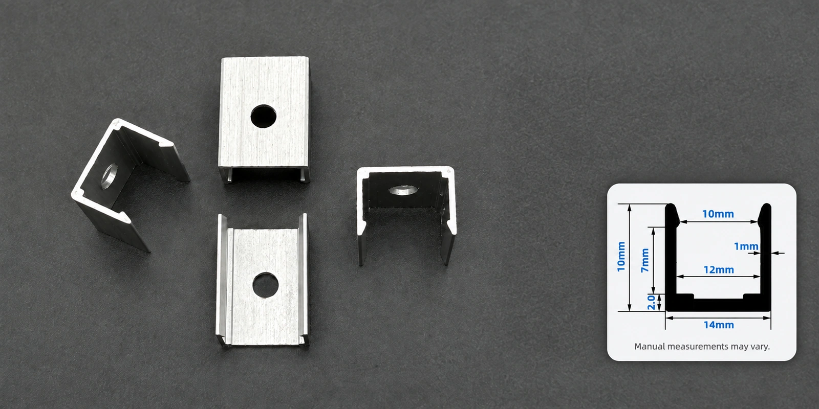 مشابك تثبيت من الألمنيوم، ⁦12 × 12 mm⁩: صورة المنتج مع مقطع مرجعي أسفل اليمين وتنبيه بشأن تفاوت القياسات اليدوية
