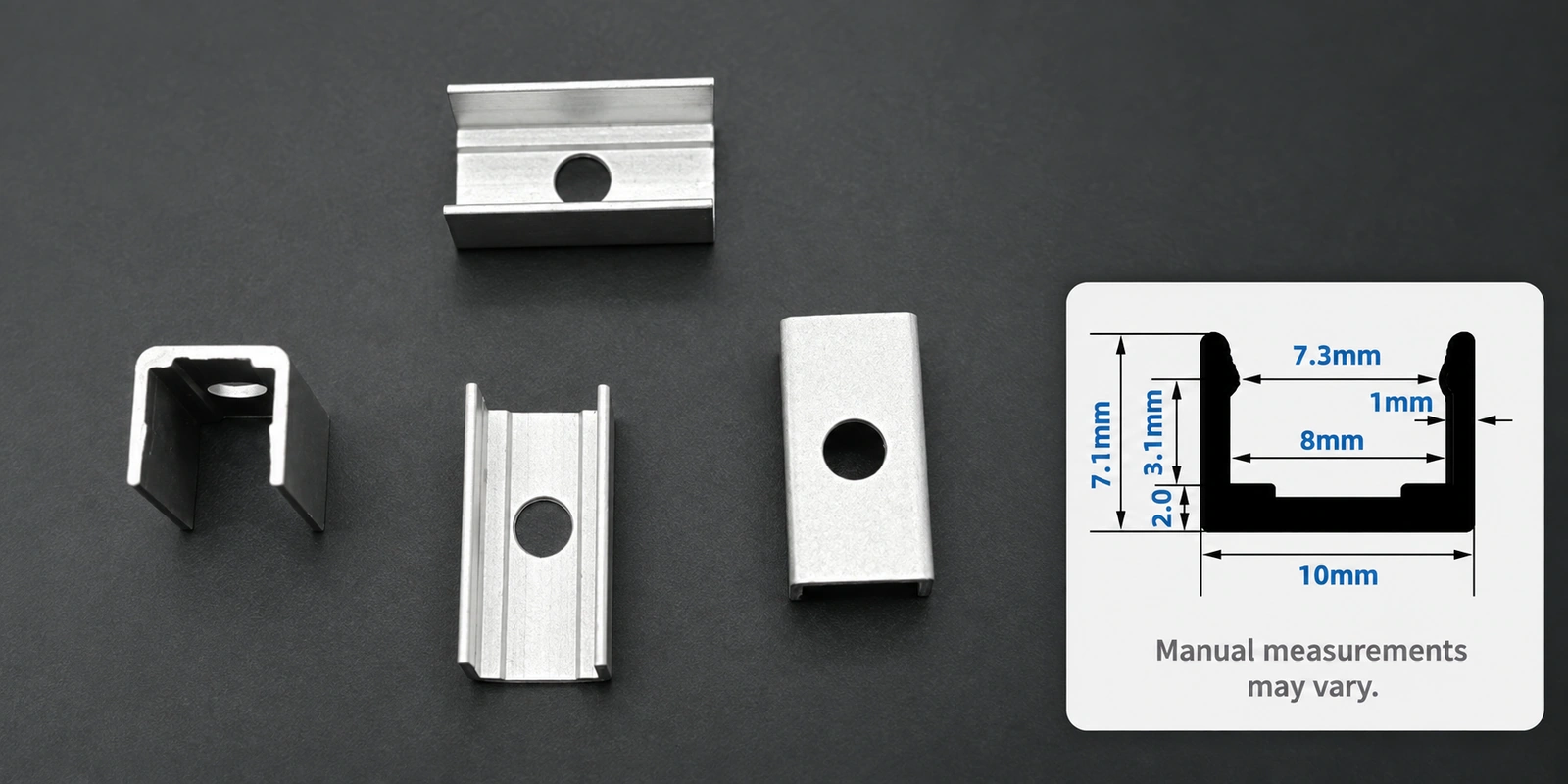 مشابك تثبيت من الألمنيوم، ⁦8 × 8 mm⁩: صورة المنتج مع مقطع مرجعي أسفل اليمين وتنبيه بشأن تفاوت القياسات اليدوية