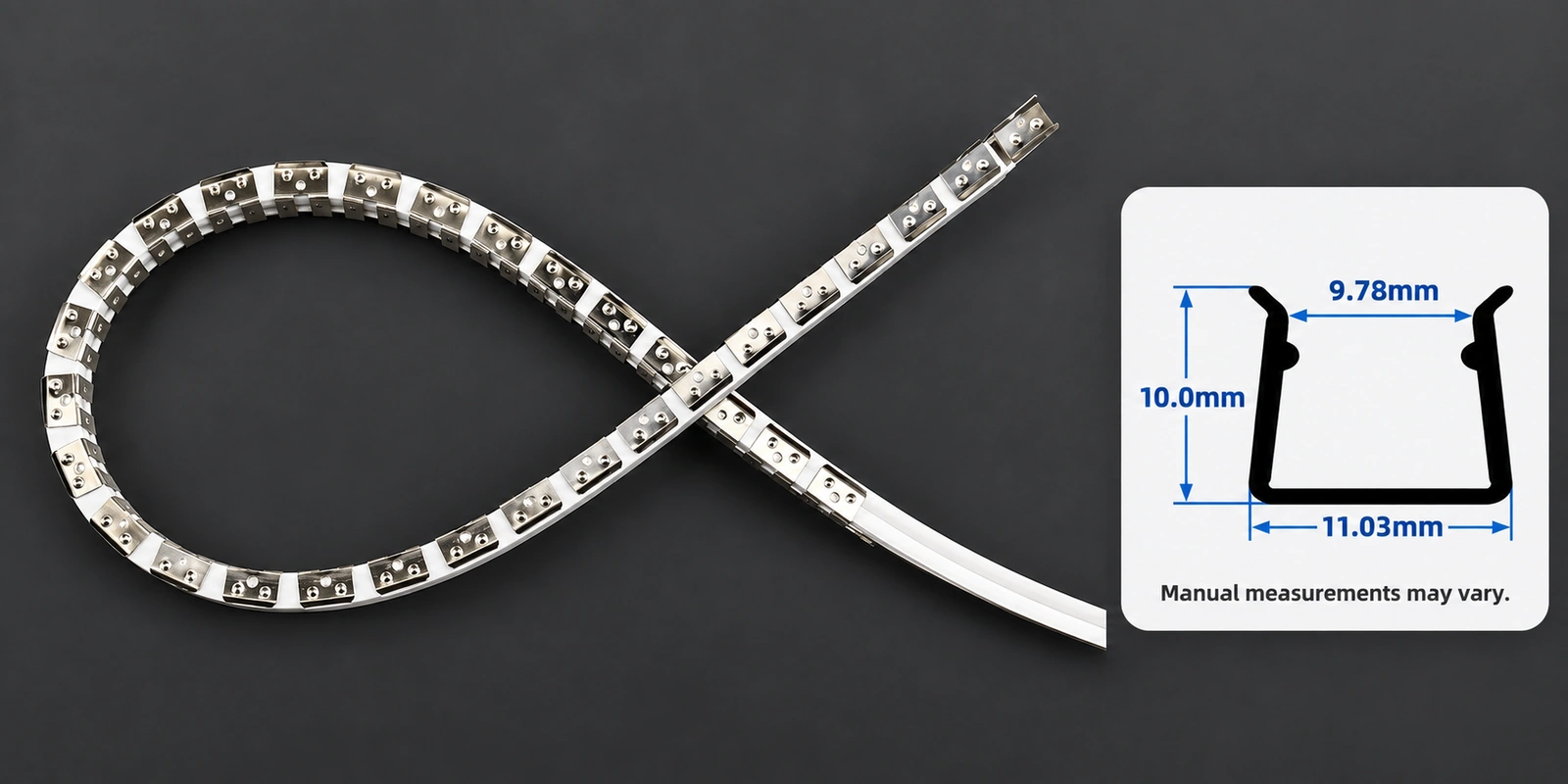 مسارات تركيب مرنة، ⁦10 × 10 mm⁩: صورة المنتج مع مقطع مرجعي أسفل اليمين وتنبيه بشأن تفاوت القياسات اليدوية