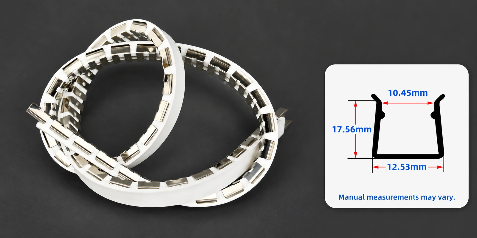 مسارات تركيب مرنة، ⁦12 × 20 mm⁩: صورة المنتج مع مقطع مرجعي أسفل اليمين وتنبيه بشأن تفاوت القياسات اليدوية