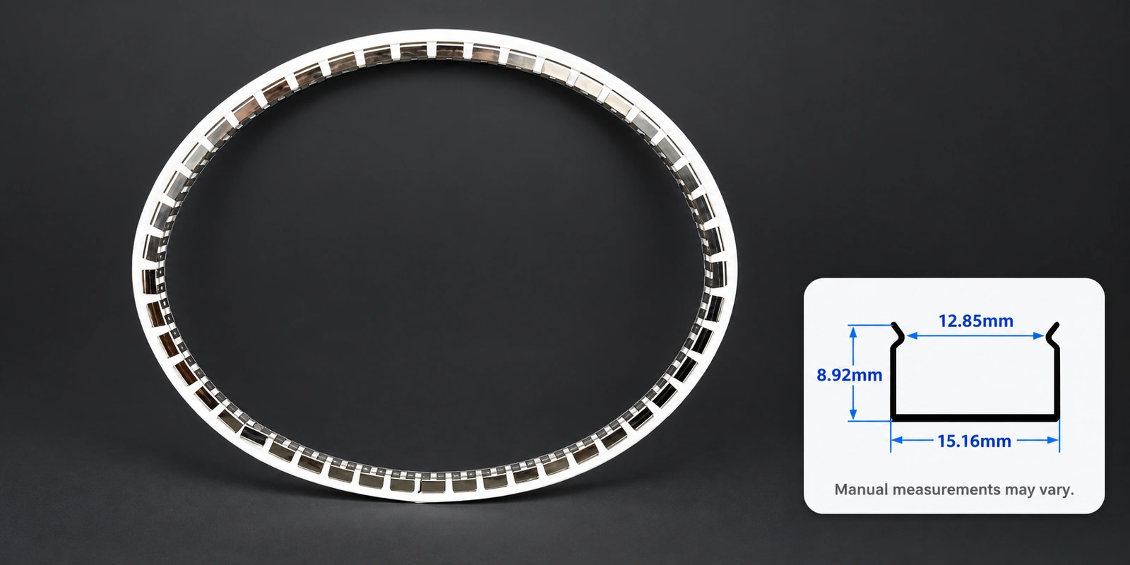 مسارات تركيب مرنة، ⁦14 × 14 mm⁩: صورة المنتج مع مقطع مرجعي أسفل اليمين وتنبيه بشأن تفاوت القياسات اليدوية