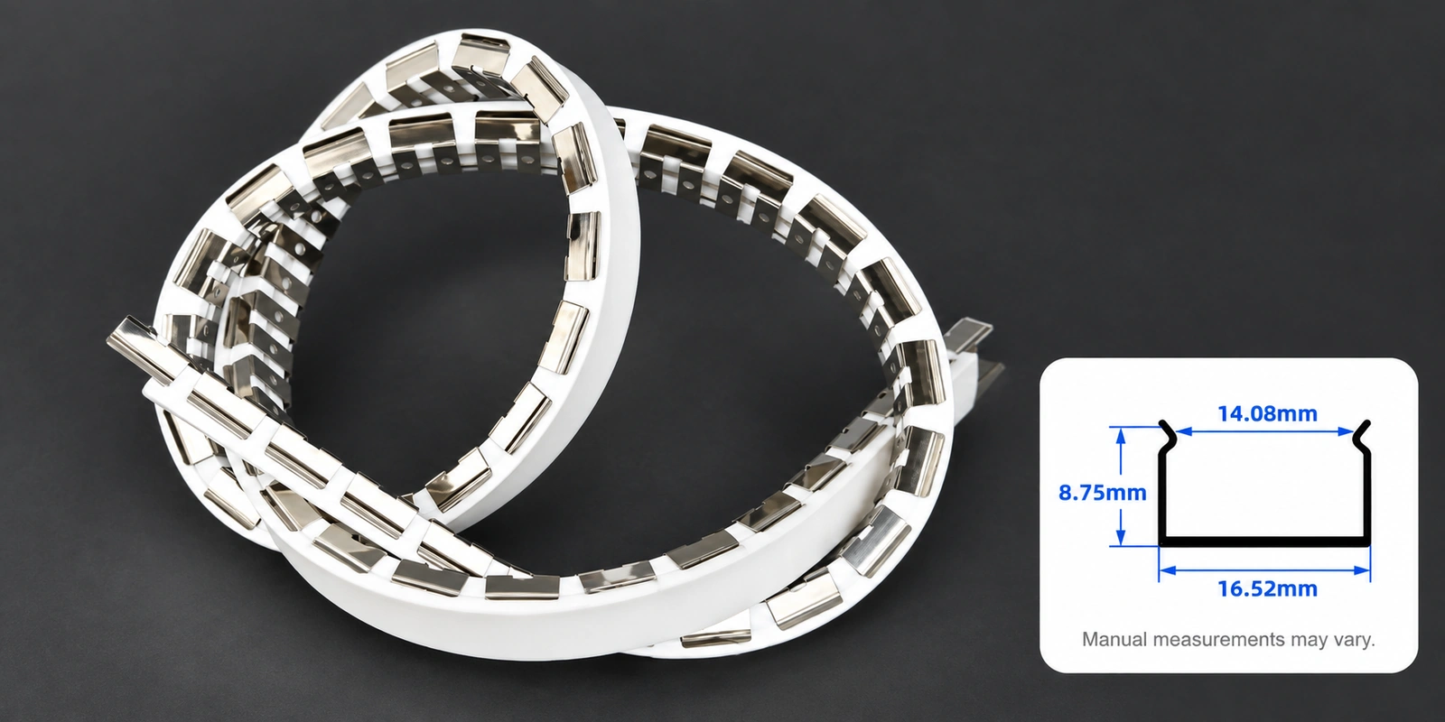 مسارات تركيب مرنة، ⁦15 × 10 mm⁩: صورة المنتج مع مقطع مرجعي أسفل اليمين وتنبيه بشأن تفاوت القياسات اليدوية