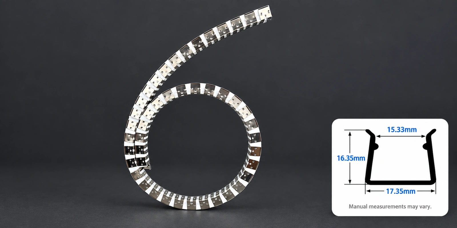 مسارات تركيب مرنة، ⁦16 × 16 mm⁩: صورة المنتج مع مقطع مرجعي أسفل اليمين وتنبيه بشأن تفاوت القياسات اليدوية