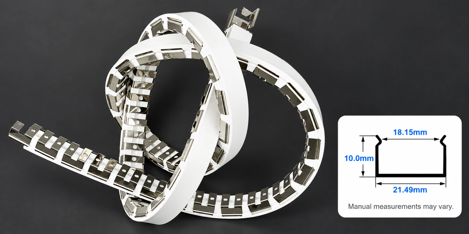 مسارات تركيب مرنة، ⁦20 × 10 mm⁩: صورة المنتج مع مقطع مرجعي أسفل اليمين وتنبيه بشأن تفاوت القياسات اليدوية