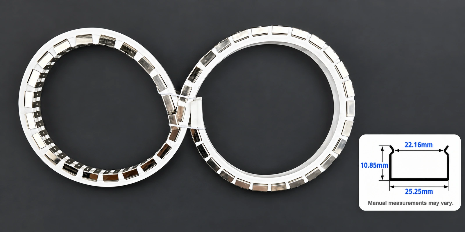 مسارات تركيب مرنة، ⁦25 × 17 mm⁩: صورة المنتج مع مقطع مرجعي أسفل اليمين وتنبيه بشأن تفاوت القياسات اليدوية