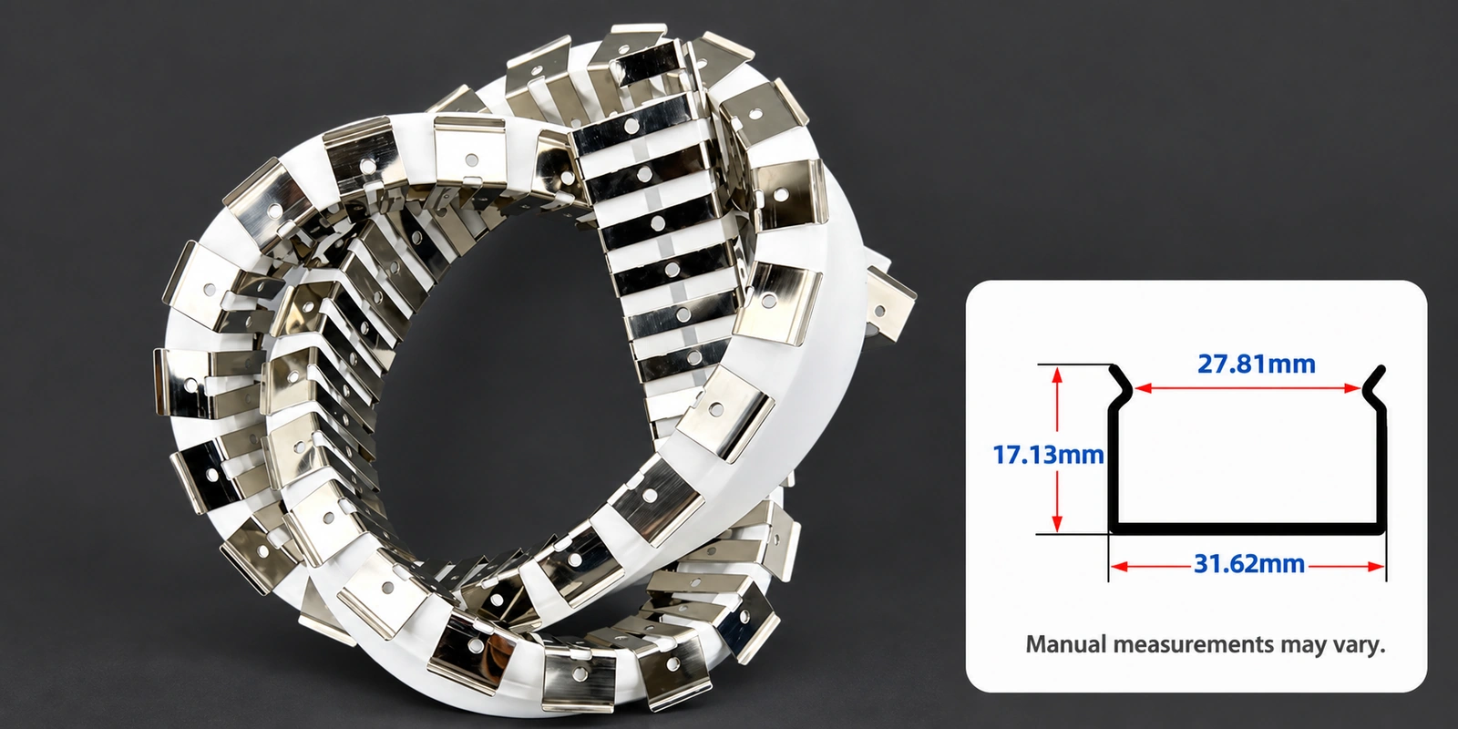 مسارات تركيب مرنة، ⁦30 × 20 mm⁩: صورة المنتج مع مقطع مرجعي أسفل اليمين وتنبيه بشأن تفاوت القياسات اليدوية