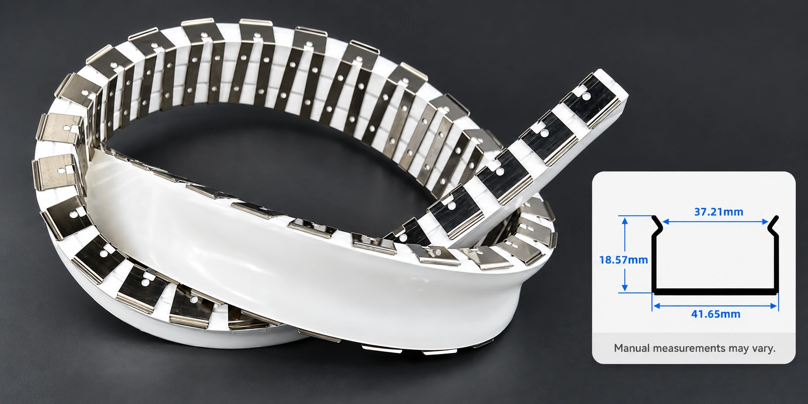 مسارات تركيب مرنة، ⁦40 × 20 mm⁩: صورة المنتج مع مقطع مرجعي أسفل اليمين وتنبيه بشأن تفاوت القياسات اليدوية