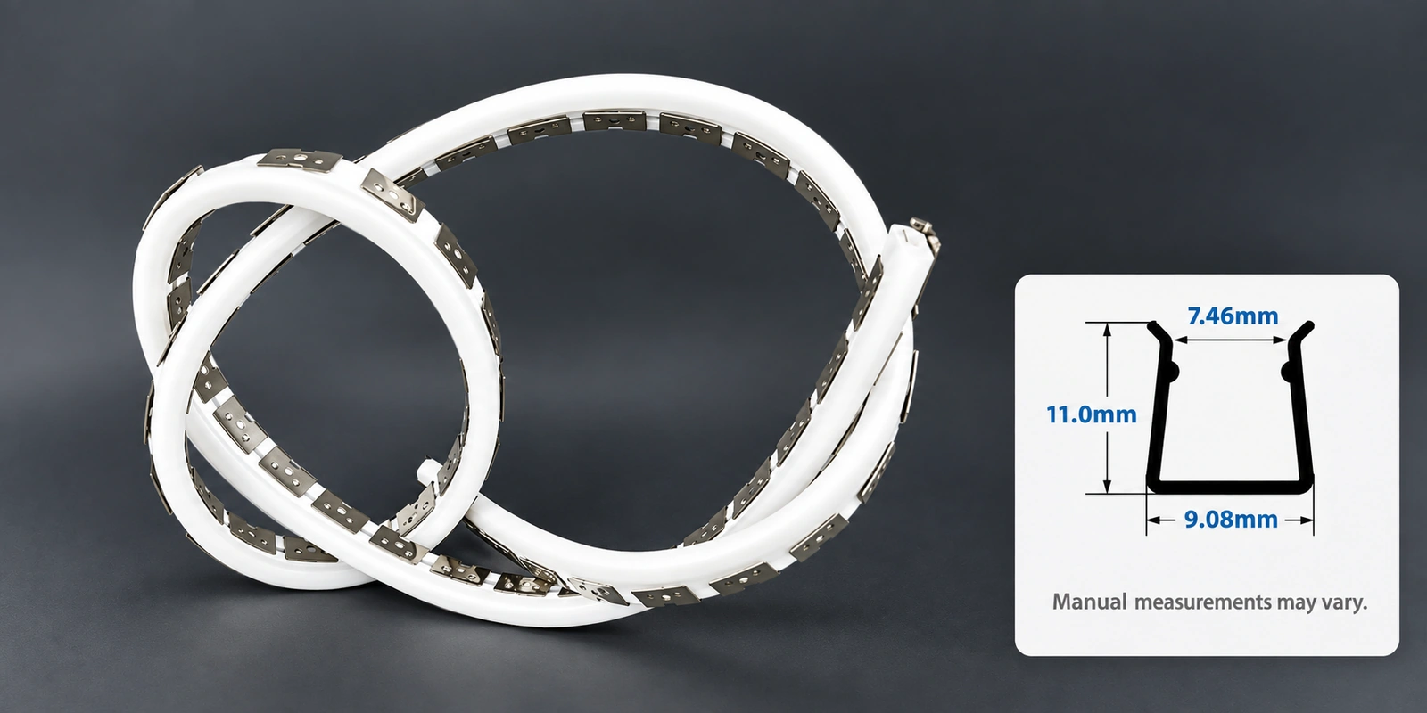 مسارات تركيب مرنة، ⁦8 × 16 mm⁩: صورة المنتج مع مقطع مرجعي أسفل اليمين وتنبيه بشأن تفاوت القياسات اليدوية